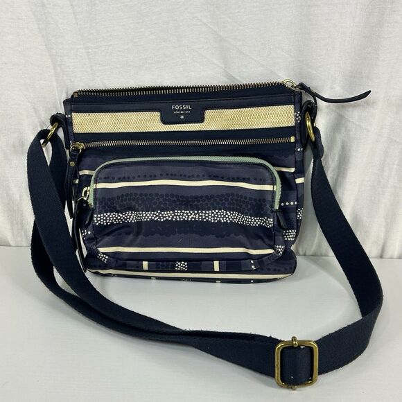 Fossil Handbags - FOSSIL ELIZA Crossbody Blue Multi-Striped Coated Canvas Messenger Bag Purse